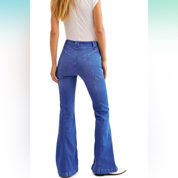 Free People Layla Women's Dark Wash High Waist Wide Leg Flare Jeans - Picture 3 of 9